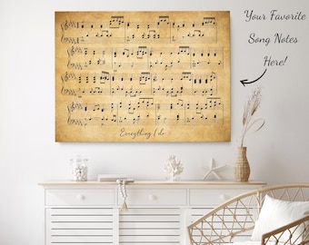 Custom Song Notes Printed on Canvas, Song Notes Art Print, Personalized Anniversary Gift, Couples Gift, 1st Anniversary Gift, Hanging Canvas