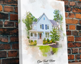 House Portrait on Canvas, Our First Home Portrait, Watercolor Effect on Canvas, Realtor Gift, First Home Gift, Housewarming Gift