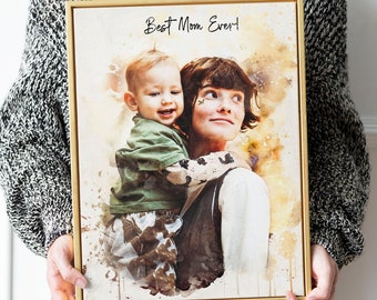 Personalized Mother Son Portrait from Photo, Watercolor Portrait from Photo, Canvas Print and Floater Frame, Mothers Day Gift, Gift from Mom