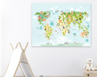 Large map canvas print,Map for kids, Animal world map, Kids room map, World map for babies, Baby room map, Baby room decor