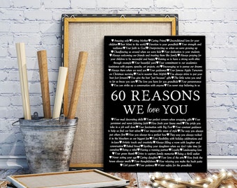 Christmas Gift, 60 Reasons We Love You, 60th Birthday gift, Personalized canvas print, Custom quotes canvas, 60 reasons art canvas