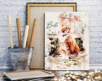 Custom Cat Portrait from Photo, Custom Canvas Print, Watercolor Effect on Canvas, Framed Photo Canvas, Pet Art, Framed Art, Christmas Gift