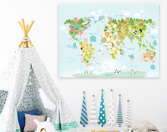 Push Pin Kids World Map, Personalized Wall Art Canvas, Children's Illustrated World Map, Nursery decor, Made to order map