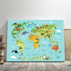 Lienzo con mapa del mundo animal para niños: Arte de pared grande para habitación de niño