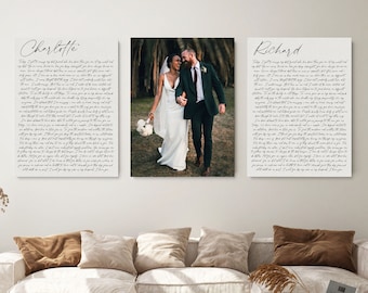 Custom vows canvas prints, Set of 3 canvas prints, Personalized photo and vows, 1 Year Anniversary gift, Framed Vows Canvas, Wall art decor