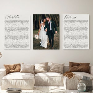 Custom vows canvas prints, Set of 3 canvas prints, Personalized photo and vows, 1 Year Anniversary gift, Framed Vows Canvas, Wall art decor