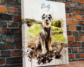 May include: A rectangular canvas print featuring a watercolor-style illustration of a gray and black Schnauzer dog sitting outdoors. The name Buddy is written in black cursive script above the dog, set against a green landscape background.