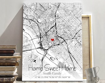 Home Coordinates Map: Custom Location Canvas Print (Framed or Unframed)