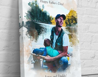 Custom Father Son Portrait from Photo Framed Canvas Print Father Day Custom Gift