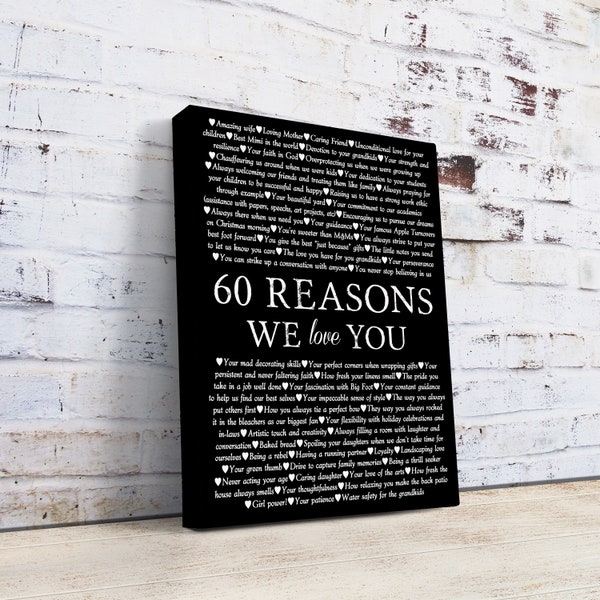 60th Birthday gift, 60 Reasons We Love You, Personalised print gift idea, Custom design, 60 reasons art canvas print, 60 reasons paper print