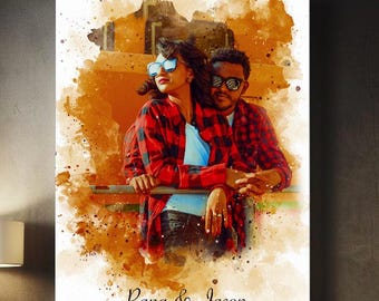 Custom Watercolor Couple Portrait from Photo Canvas Print