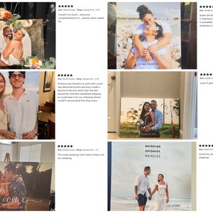 May include: A collage of five wedding canvas prints featuring couples in various poses. The prints are all 20x30 inches and feature a white background with black text. The text on the prints includes "Welcome", "to our wedding", and the date of the wedding. The prints are all high quality and would make a great gift for a couple getting married.