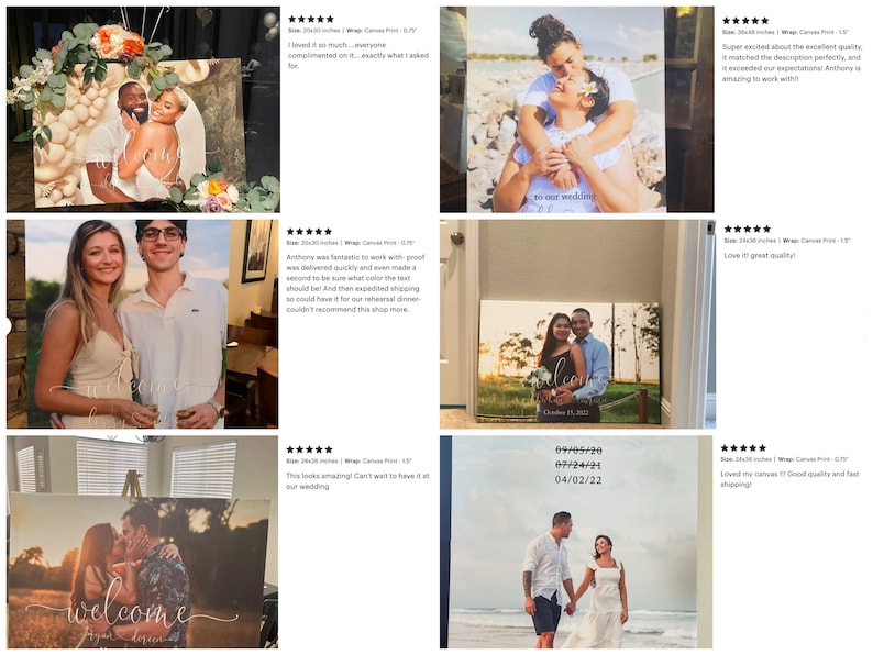 May include: A collage of five wedding canvas prints featuring couples in various poses. The prints are all 20x30 inches and feature a white background with black text. The text on the prints includes "Welcome", "to our wedding", and the date of the wedding. The prints are all high quality and would make a great gift for a couple getting married.