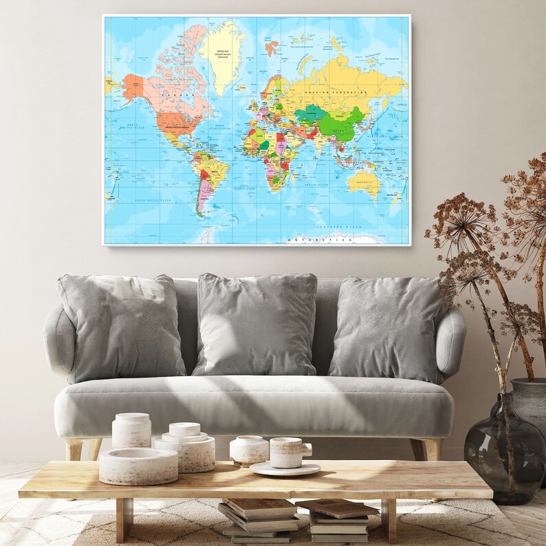 World Map Poster World Map Decor Large World Map Travel Art Etsy