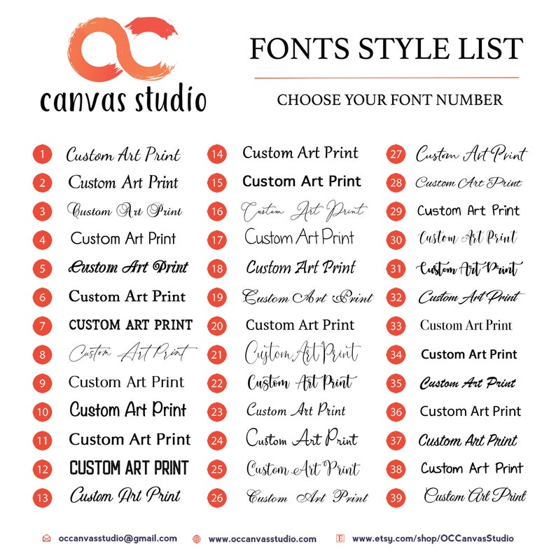 May include: A list of 39 different font styles for custom art prints. Each font style is numbered and displayed with the text "Custom Art Print".