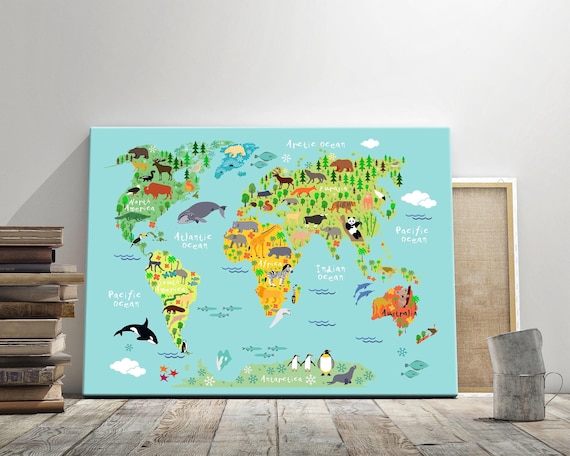 Animal World Map Canvas for Kids: Large Boy's Room Wall Art