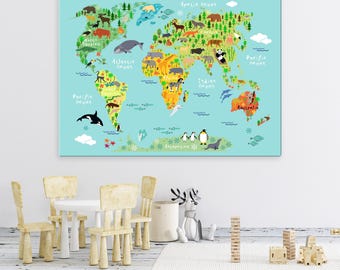 Animal World Map Canvas: Kids Room Wall Art, Ready to Hang