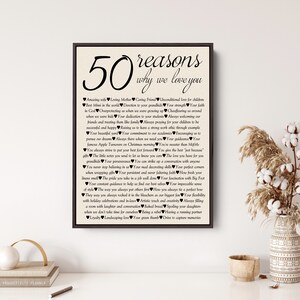 May include: A black framed print with a white background and black text. The text reads "50 reasons why we love you" and lists 50 reasons in a heart-shaped bullet point format.