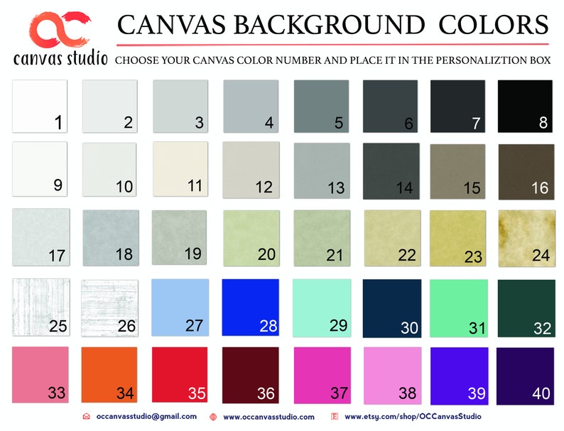 May include: A chart of 40 different canvas background colors, numbered 1 through 40. The colors range from white to black, with shades of gray, blue, green, red, orange, and pink.