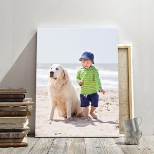 Op de afbeelding: Een jonge jongen met een blauw-witte pet en een groen gestreept shirt loopt op een zandstrand met een witte hond. De hond zit en kijkt naar de jongen.
