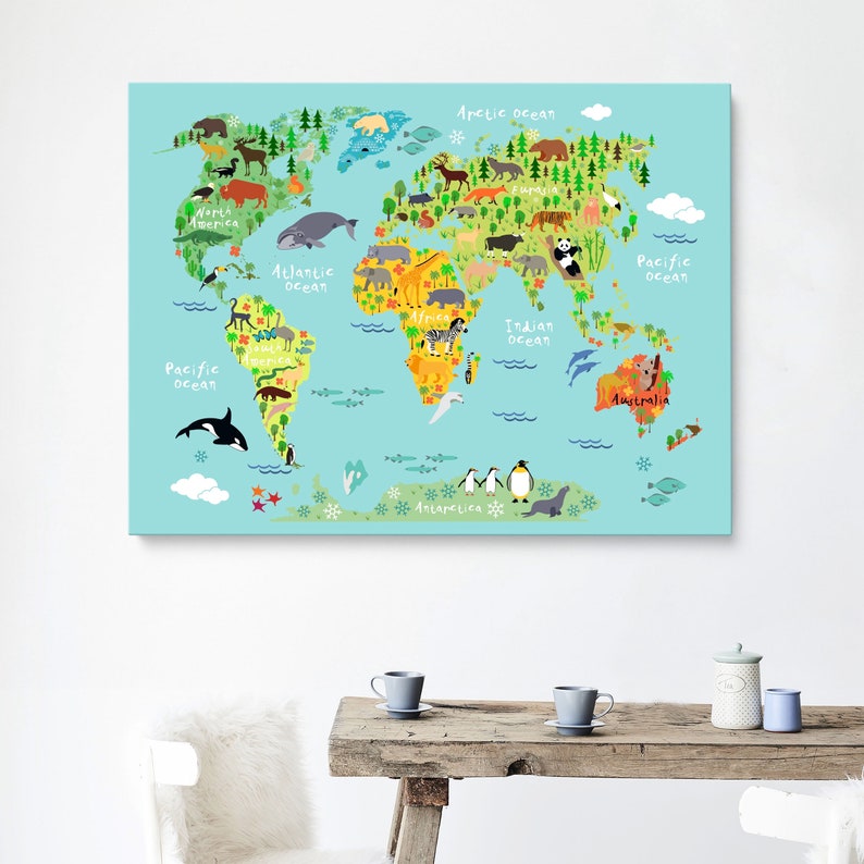 Animal World Map Canvas for Kids: Large Boy's Room Wall Art image 3