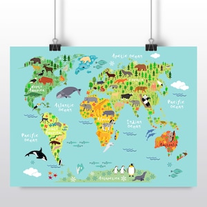 Animal World Map Canvas for Kids: Large Boy's Room Wall Art Unframed Paper Print