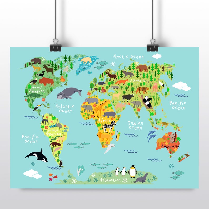 Animal World Map Canvas for Kids: Large Boy's Room Wall Art Unframed Paper Print