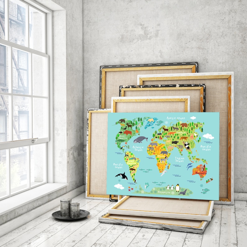 Animal World Map Canvas for Kids: Large Boy's Room Wall Art image 2