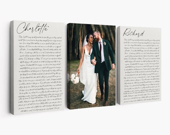 May include: Two wedding vows printed on canvas with a black and white photo of a couple in the middle. The vows are written in cursive and the photo shows the couple walking hand in hand.