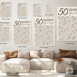 May include: A set of 10 printable wall art prints featuring a list of 50 reasons why we love you. The prints are available in various sizes, ranging from 8x10 inches to 30x40 inches. The prints are perfect for a wedding, anniversary, or birthday gift.