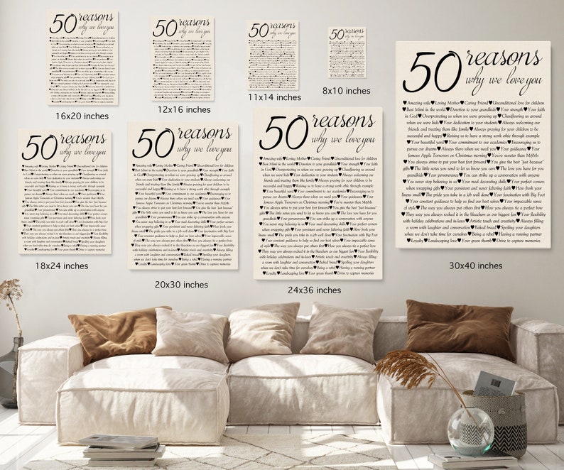 May include: A set of 10 printable wall art prints featuring a list of 50 reasons why we love you. The prints are available in various sizes, ranging from 8x10 inches to 30x40 inches. The prints are perfect for a wedding, anniversary, or birthday gift.