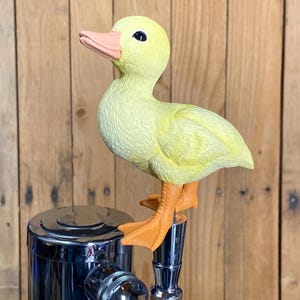 May include: A yellow rubber duck with orange feet, perched on top of a chrome beer tap.