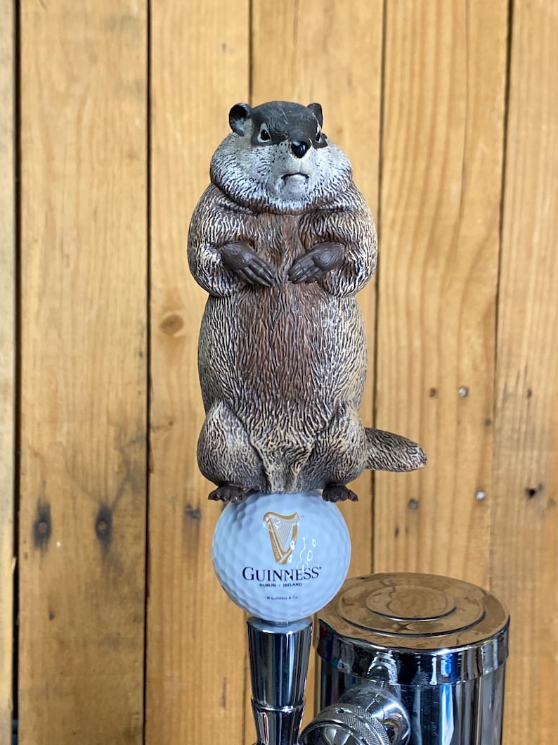 May include: A groundhog-themed beer tap handle. The groundhog is brown and gray, standing on a golf ball with the Guinness logo. The tap handle is made of metal and has a shiny, silver finish. The background is a wooden wall.