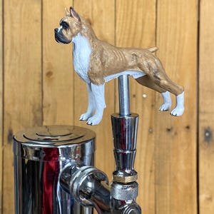 Puede incluir: Una figurita de perro boxer marrón y blanco en una manija de grifo de cerveza cromada. El perro está de pie sobre sus patas traseras con sus patas delanteras apoyadas en la manija.