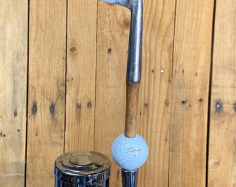 Golf Club Beer Tap Handle Antique Hickory Wood Shaft Lefty Iron Putter & Titleist Ball
