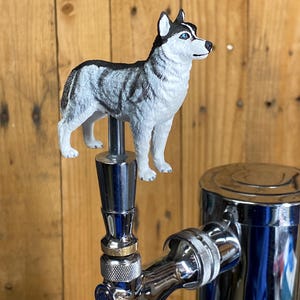 May include: A chrome beer tap handle with a detailed husky dog figurine. The dog has black, white, and grey markings and blue eyes. The tap is mounted on a polished metal fixture. The background is wooden.