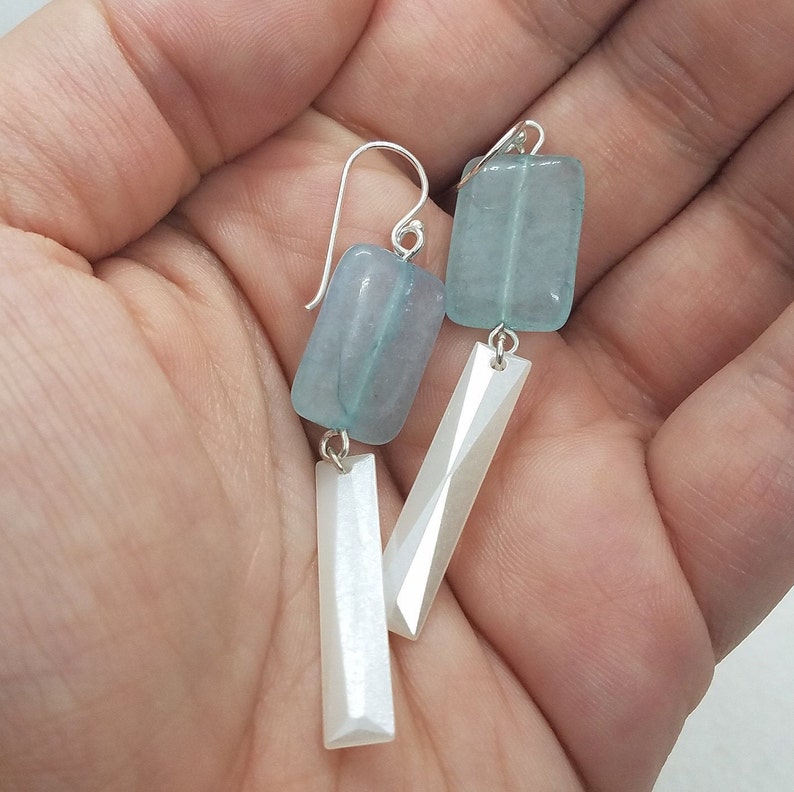 Simple Winter Something Blue Light Blue Stone /& Vintage White Lucite Wedding Gift Her Long Dangle Lightweight Bridal Jewelry