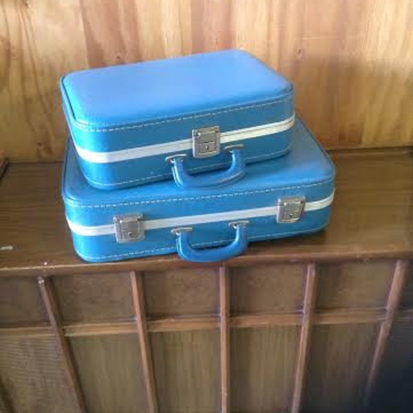 Vintage Luggage/Suitcases 1960's Blue Vinyl Luggage/Suitcases 2 PC Set #65