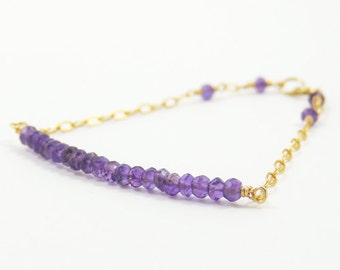 Amethyst Bar Bracelet - Delicate Gold or Silver Chain Gemstone Minimal Stacking Bracelet - February Birthstone Purple Bracelet