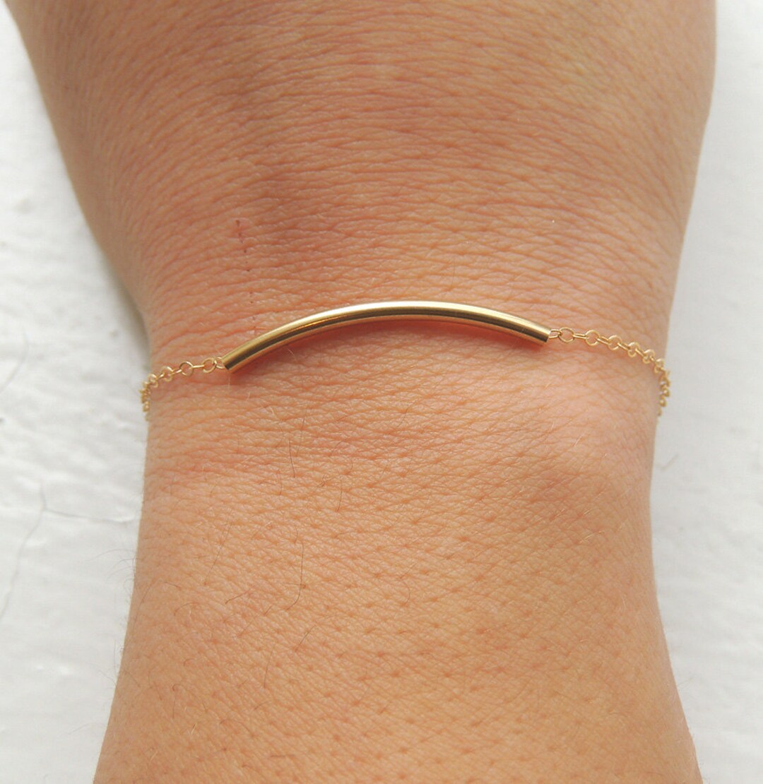 Gold Tube Bracelet, Simple Tube Dainty Bracelet, Curved Bar Modern 14k