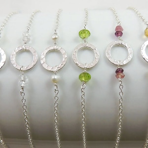 Dainty Open Circle Charm Bracelet, Delicate Karma Bracelet, Layering Bracelet, Karma Gemstone Circle, Sterling Silver, Gift for Her