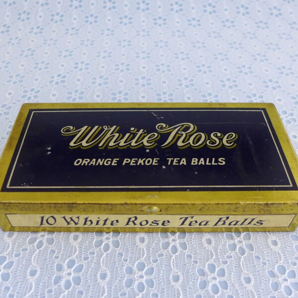 White Rose Tea Tin, Small Vintage Tin, 1940s Collectible, Advertising Tin, Gold Navy Blue, Orange Pekoe Tea Balls, Seeman Brothers, New York