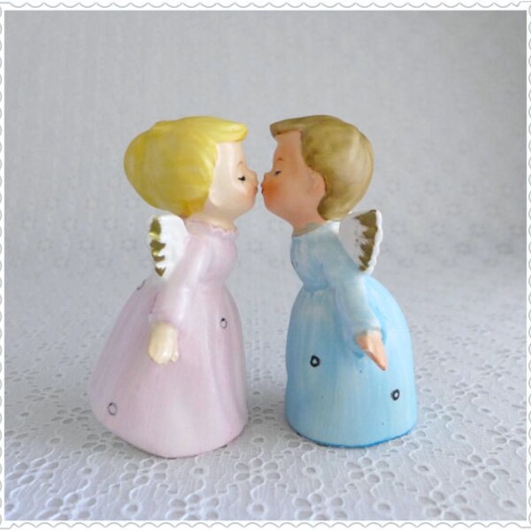 Kissing Angel Figurines, Boy and Girl Angels, Set of Two, Pastel Pink and Blue, Vintage Home Decor, Ceramic, Collectible Figures