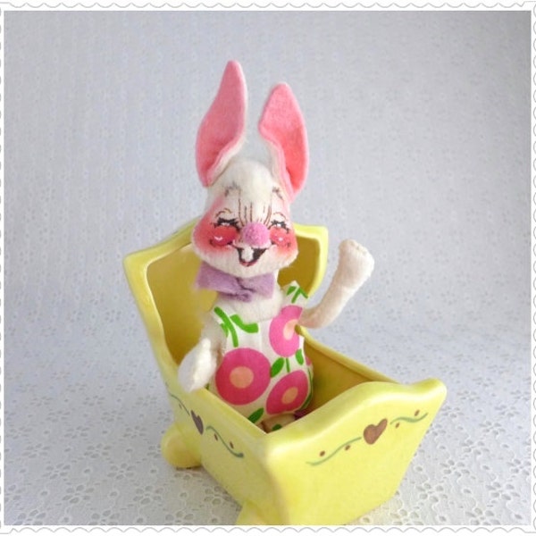 Vintage Annalee Doll, Rabbit Figurine, Soft Posable Bunny, Annalee Mobilitee, 1971, White Pink Green, Easter Decor