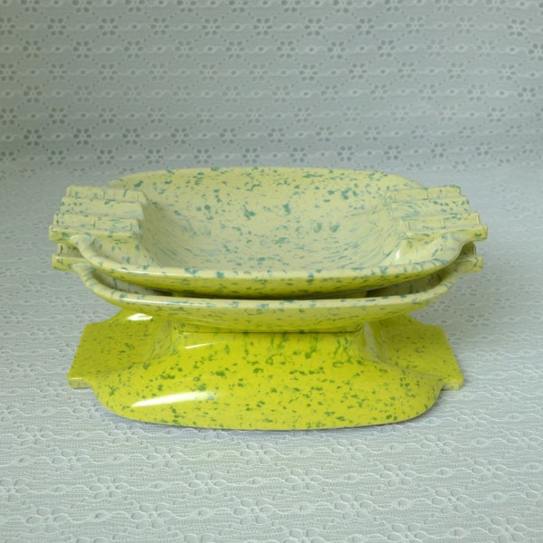 Three Melamine Ashtrays, Vintage, Irwin-Willert Co, Two-Toned, Yellow, Confetti, Speckled, Plastic, Cigarettes, Smoking, Catchall