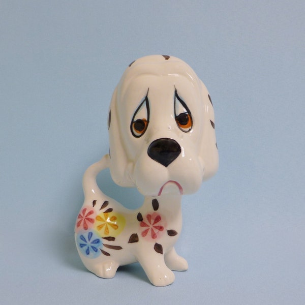Mod Dog Figurine, White Porcelain Dog, Pink, Yellow and Blue Flowers, Flower Power Dog, Hound Dog Figure, Sad Puppy, 1970s Decor