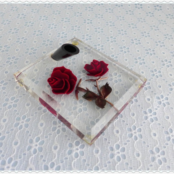 Vintage Pen Holder, Lucite Paperweight, Bircraft, Clear Acrylic, Red Roses, Hand Carved, Floral Pen Holder, Wedding, Desk Accessory, USA