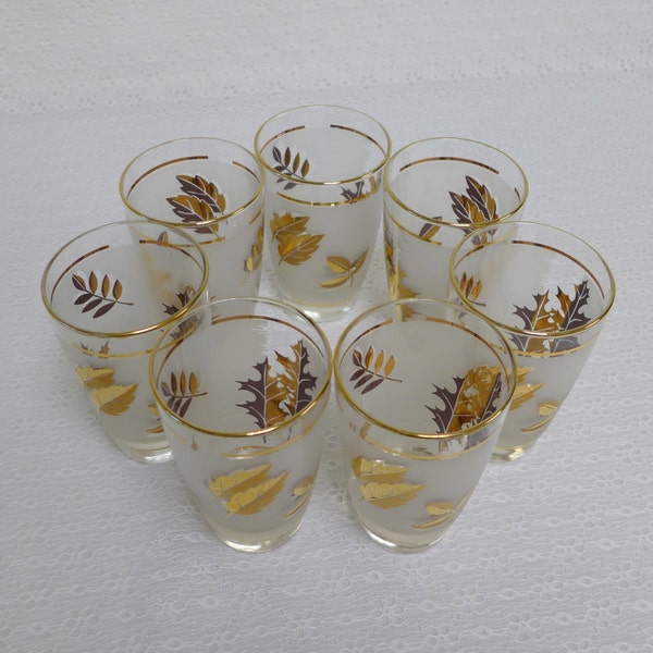 Libbey Glassware 7  Frosted 10 oz Drinking Glasses Tumblers Barware Gold Foliage Pattern Leaves