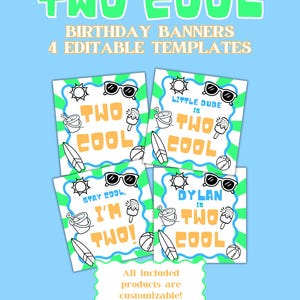 May include: Four square birthday banner templates featuring a light blue background with green sunburst rays. Each design includes illustrations of sunglasses, a sand bucket, a surfboard, a beach ball, and an ice cream cone with text.