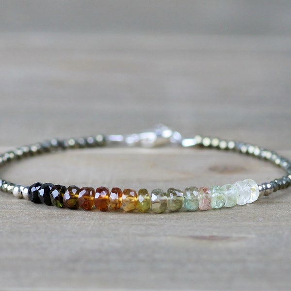 Ombre Tourmaline & Pyrite Bracelet in Sterling Silver or Gold Filled, Earthy Green Brown Gemstone Bracelet, Natural Petro Tourmaline Jewelry